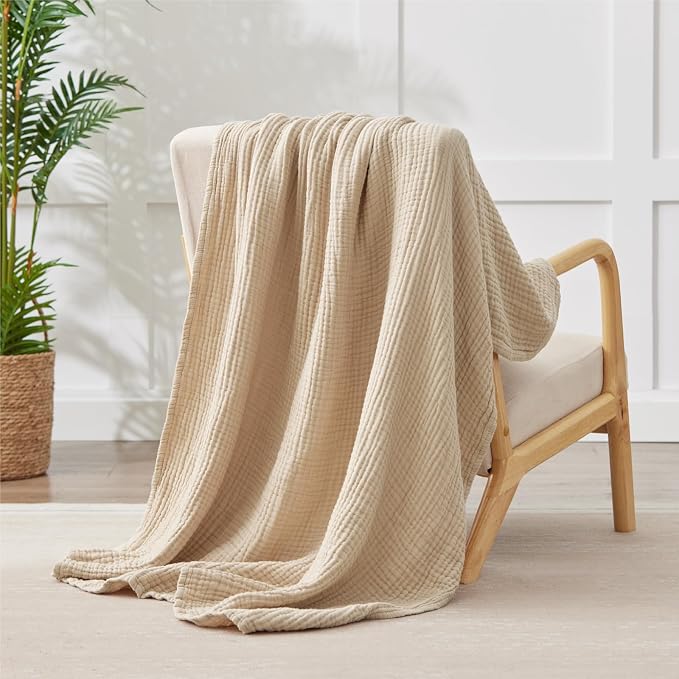 100% Cotton Muslin Blanket Queen 90" x 90", 6 Layers Breathable and Lightweight Cotton Throw Blanket for Bed, Soft Quilt Bedspread Coverlet, Gauze Blanket for Adults All Season, Beige Linen, Oatmeal