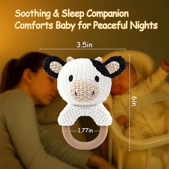 Cow Baby Rattle Sensory Toy Knitted Plush Stuffed Animal Teether Wood Ring Visual Tracking Auditory Development Shaker for Infants 3-9 Months Baby Birthday Shower Gift Infant Toys Gift