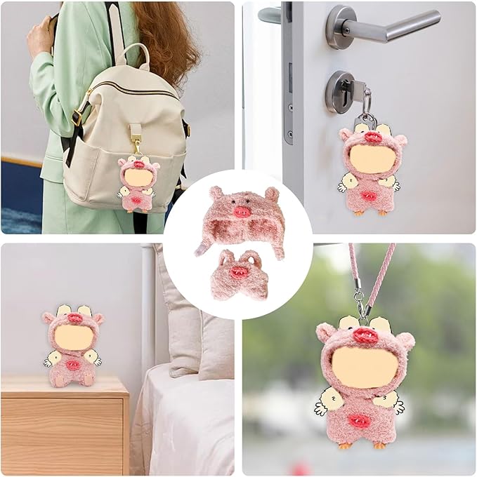 17cm (6.7 Inch) Doll Clothes – Soft Plush Animal Jumpsuit for Mini Keychain Dolls, Pig Costume Outfit, Pink Fuzzy Collectible Display Gift (Doll Not Included)(Pink Piggy)