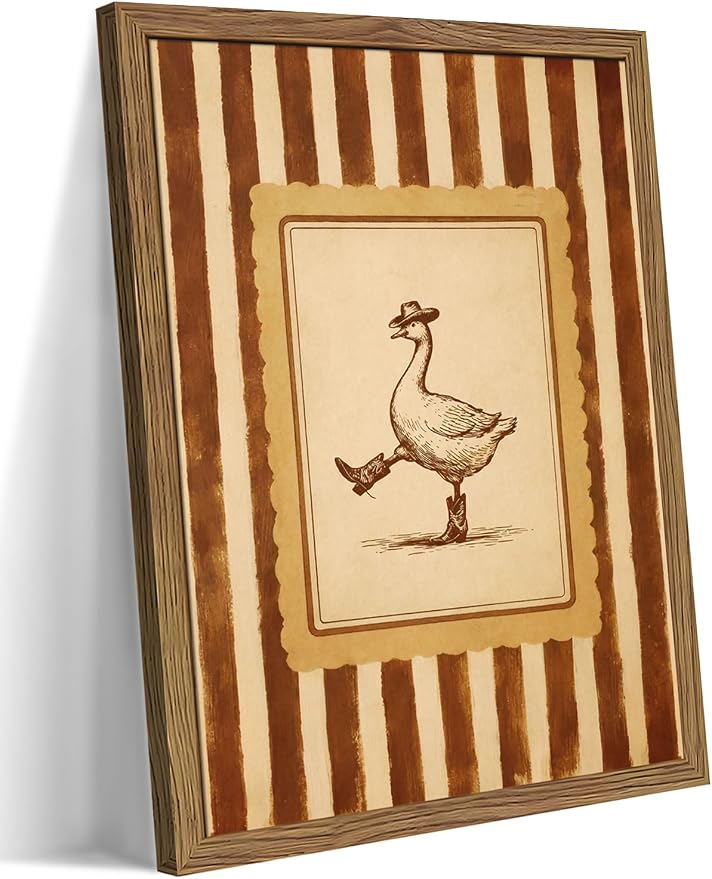 Vintage Cowboy Goose Wall Art, Western Silly Goose Canvas Wall Decor Painting, Funny Dancing Duck Animal Poster Print Picture for Nursery Living Room Bedroom Bathroom 16x24 Inch Framed