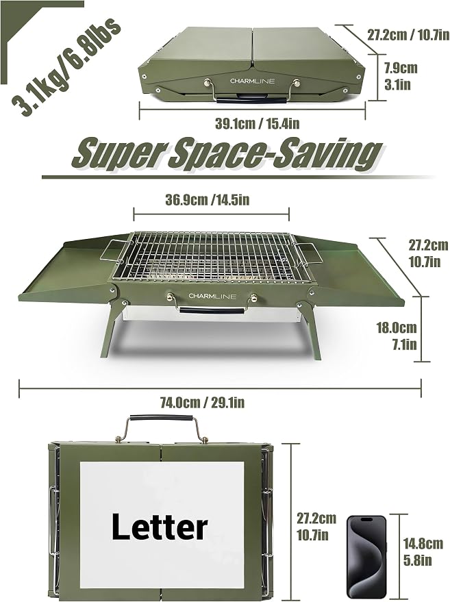 Charmline 15 x 11 inches Portable Charcoal BBQ Grill, Foldable Compact Camping Barbecue for 2–4 People, Ideal for Garden, Beach, Picnic & Tabletop Use, Green