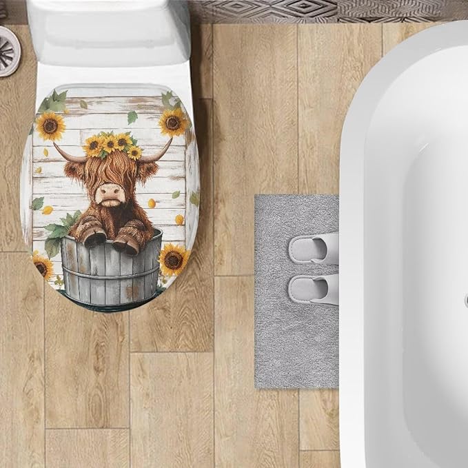 Highland Cow Toilet Lid Covers for Bathroom Elongated Sunflowers Flowers Round Toilet Lid Cover Universal Toilet Tank Cover Replacement with Elastic Band