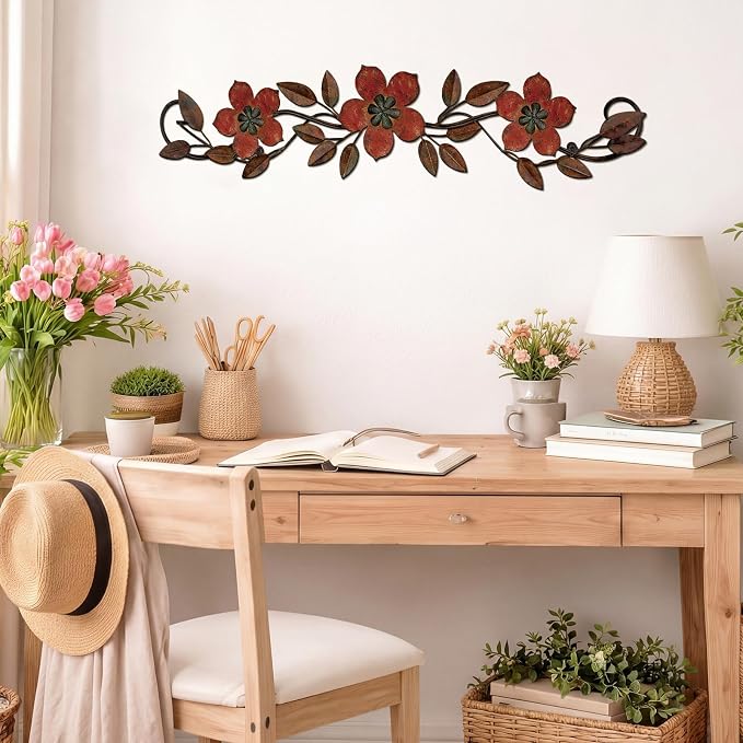 Wesiti Metal Flower Wall Decor Vintage Metal Flower Wrought Iron Scroll Sculpture 15.7''x3.7'' Not 3D, Flat Farmhouse Leaf Wall Decor with Nails for Summer Bedroom Kitchen Indoor Outdoor(Red)