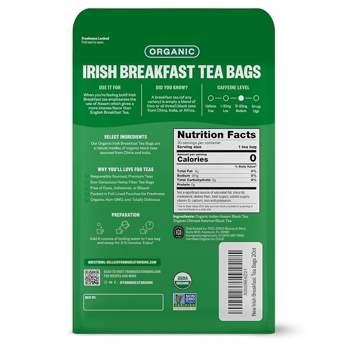 FGO Organic Irish Breakfast Tea, 20 Count, Eco-Conscious Tea Bags (Pack of 1)