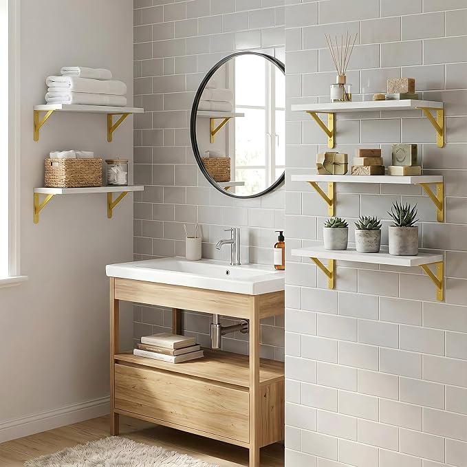 Fixwal Floating Shelves for Wall, Wood Wall Mounted Shelves for Bedroom, Bathroom, Living Room, Kitchen Storage and Decor(White, Set of 5, 16.5 Inch)