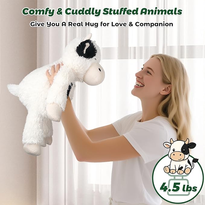Bobbie & Laxi 24" & 4.5 lbs Weighted Cow Stuffed Animal, Adjustable Sitting & Laying Plush Toy Pillows with Removable Ceramsite Bag for Companion, Cuddly & Soft Gifts for Adults, Kids, Boys and Girls
