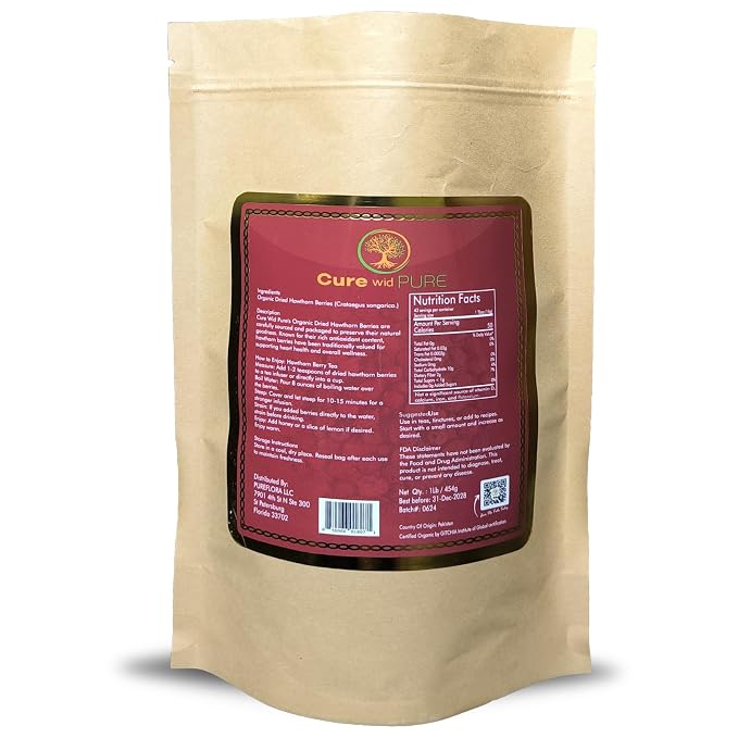 Cure wid Pure Organic Hawthorn Berry Tea 16oz | Non-GMO Caffeine-Free Hawthorne Berry Tea | Resealable Eco-Friendly Bag | Dried Hawthorn Berries For Heart Health,High Blood Pressure Support & Wellness
