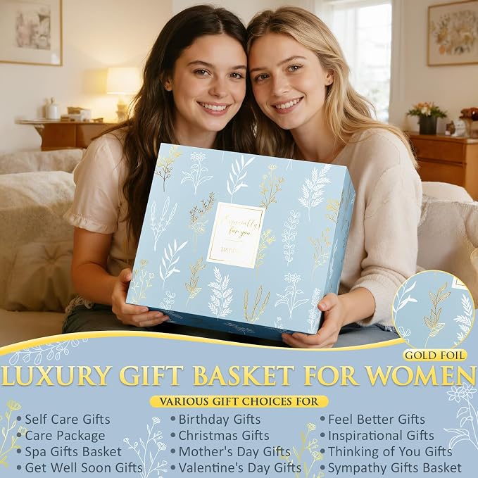 Birthday Gifts for Women, Spa Self Care Package Get Well Soon Gift Baskets | Sympathy Gift Set w/ Crochet Flower Bouquet, Christmas Thinking of You Gifts Basket for Women Mom Her Best Friend Sister Wife