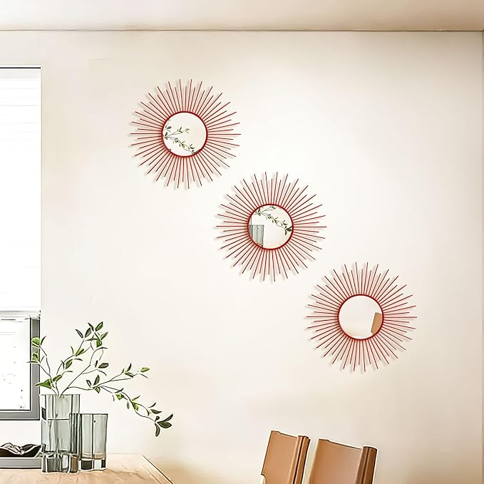 3 Pack Metal Mirrors for Wall Sunburst Wall Mirrors Home Décor Decorative Hanging Wall Art for Living Room Bedroom Entryway (Red, Sunburst)