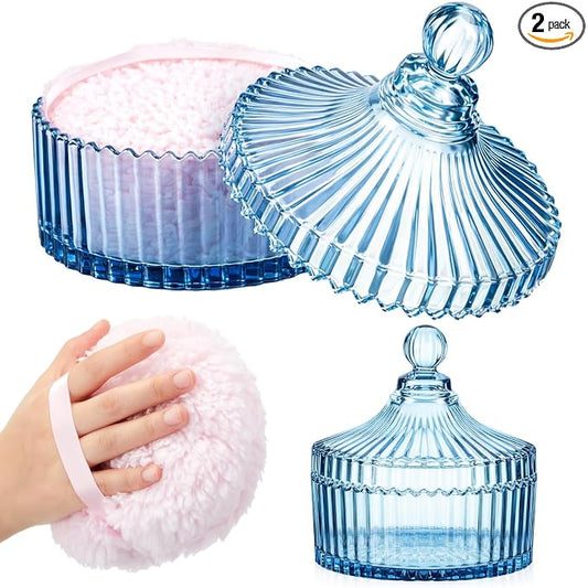 Tioncy 2 Pcs Extra Large Dusting Powder Puff and Container for Women-6'' Glass Crystal Dusting Powder Container with Body Soft Washable Reusable Velour Face(Blue,Classic)