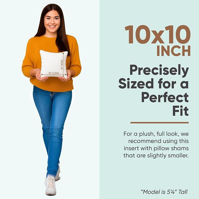 Pillowflex Synthetic Down Pillow Insert 10x10 in - Karate Chop Pillow | Small Square Sham Form, Plush Polyester Cotton Blend, Cloud-Like Comfort, Clump-Resistant Fill, Smooth Elegant Finish