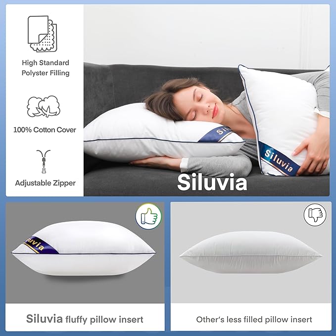 Siluvia 18"x18" Pillow Inserts Set of 2 Decorative Square Throw 18" Pillows with 100% Cotton Cover for Sofa, Couch, and Bed - White | 100% Premium Polyester Fill, Fluffy & Soft with Comfy Support - White Decorative Cushion Inserts for Couch, Sofa & Bed
