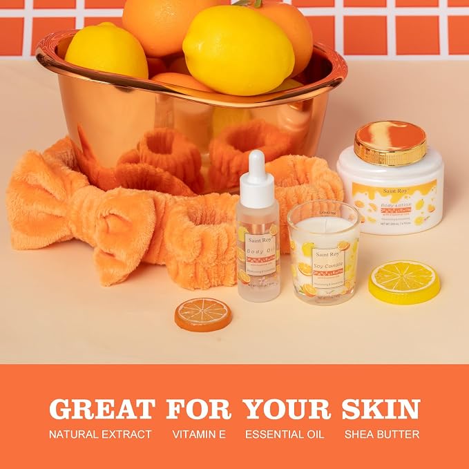 Orange spa gift set Great Gift, Spa Gifts for girls, Bath & Body care Set | Lemon Gift Baskets for Woman, 11pcs Bath Gift Set for Women, Birthday Gift Christmas Gifts for Women Citrus Spa Gift Basket