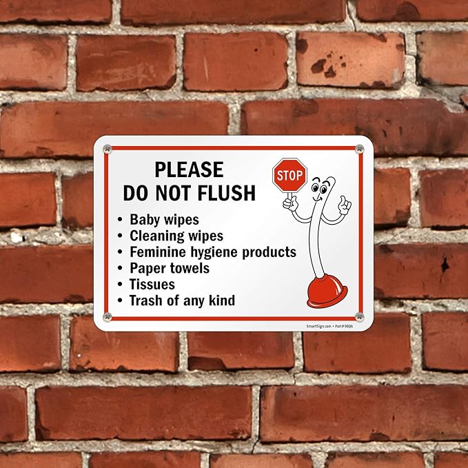 SmartSign 7" x 10" 'Please Do Not Flush Wipes/Feminine Hygiene Products/Paper Towels/Tissues/Trash' Bathroom Sign with Funny STOP Symbol, 55 mil HDPE Plastic, Red/Black/White, USA-Made