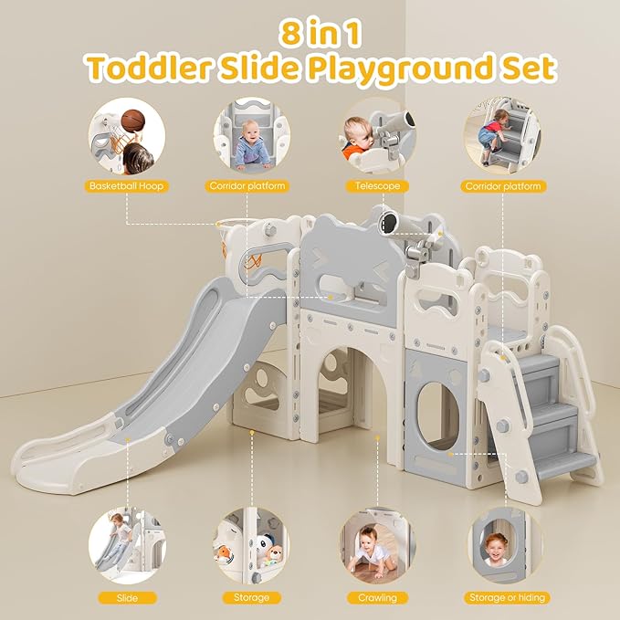 Toddler Slide Indoor, 8 in 1 Indoor Playground for Kids 1-3 Toddler Playset with Climber, Basketball Hoop, Tunnel and Storage Space Kids Outdoor Slide Playset (Grey)