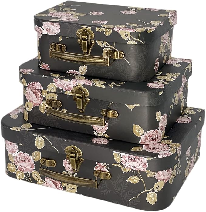 Decorative Boxes Set of 3 Decorative Storage Boxes With Lids, Cardboard box, Vintage Suitcase for Home Decoration, Photo Storage, Hat Boxes (Black Flowers)