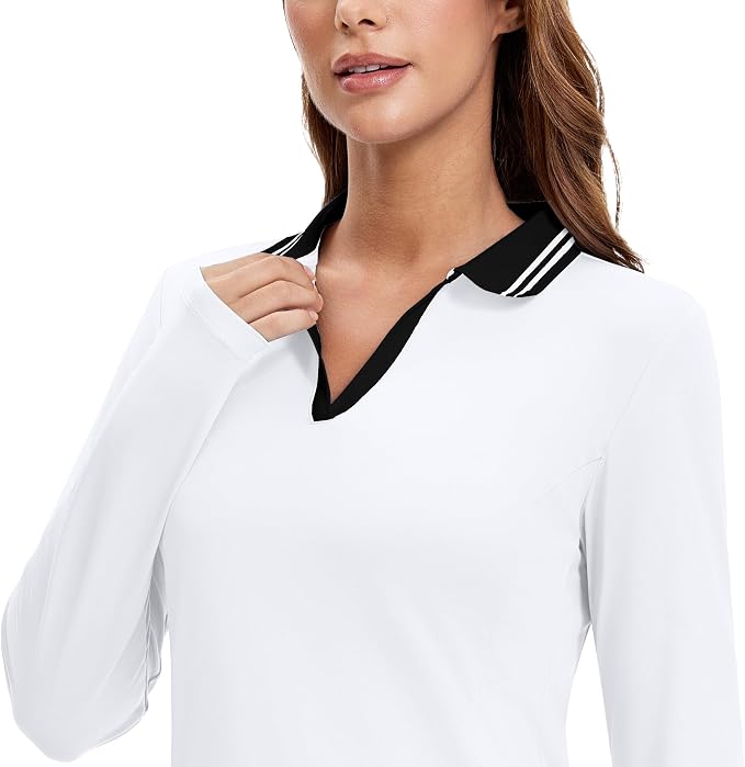 MathCat Womens Golf Shirts, Long Sleeve Polo Shirts Collared V Neck Tennis Shirts Breathable Athletic Tops