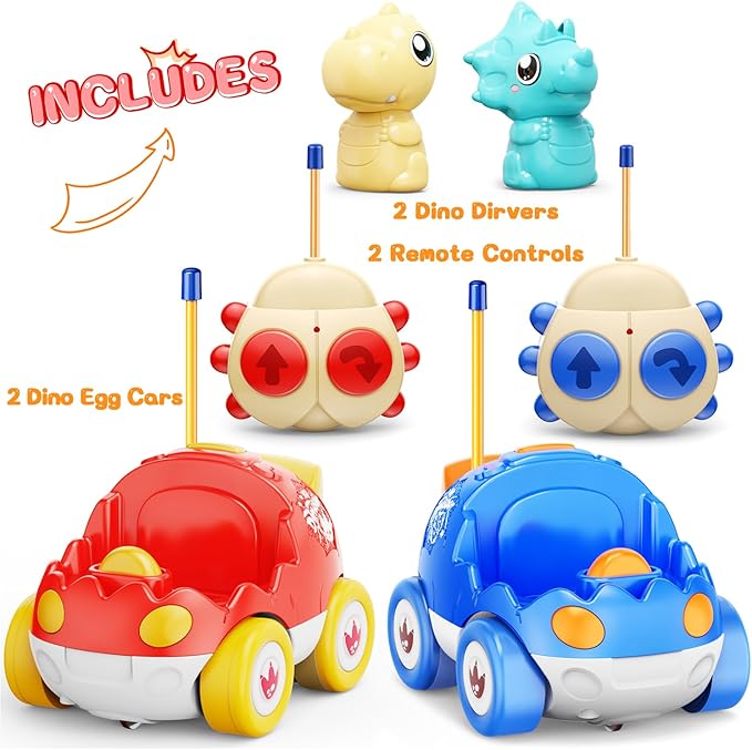 2 Pack Dinosaur Remote Control Cars Toys for Kids 2 3 4 5 Years Old, Valentine's Day Birthday Gifts for Boys and Girls Ages 2-5, Dino Race Car Toddlers Toys with Music and Light(Red Blue)