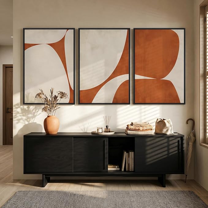 Large Framed Neutral Abstract Wall Art for Living Room, 3 Piece Modern Canvas Prints Paintings Artwork for Walls, Minimalist Beige Orange Block Pictures for Hallway Dining Bedroom Wall Decor 24x36 In