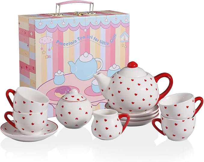 Sweejar Porcelain Tea Set for Little Girls,Kitchen Toys Tea Party Set for Kids Toddler Kitchen Pretend Toy Include Children Teapot, Cup & Saucer Set of 4, Sugar Bowl and Cream Pitcher(Love)