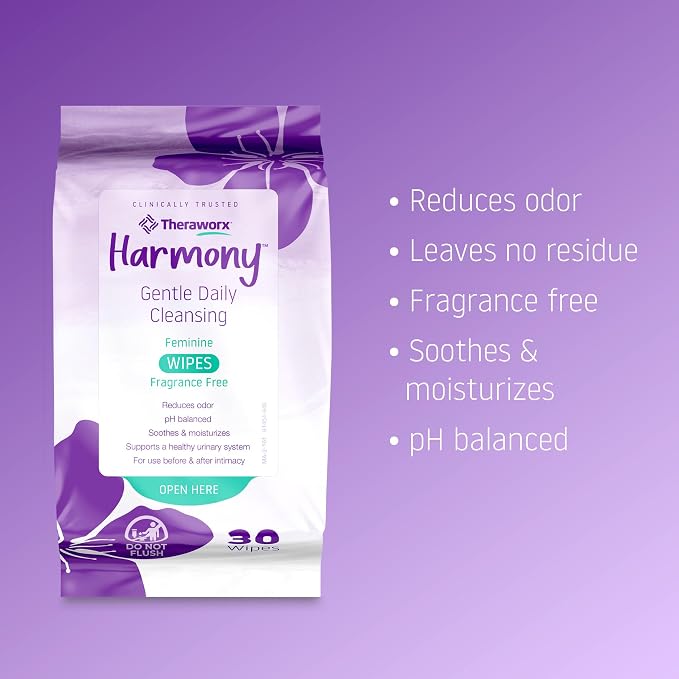 Theraworx Harmony Gentle Daily Cleansing Feminine Wipes, Fragrance Free, Urinary Hygiene – 30 Count (Pack of 3)