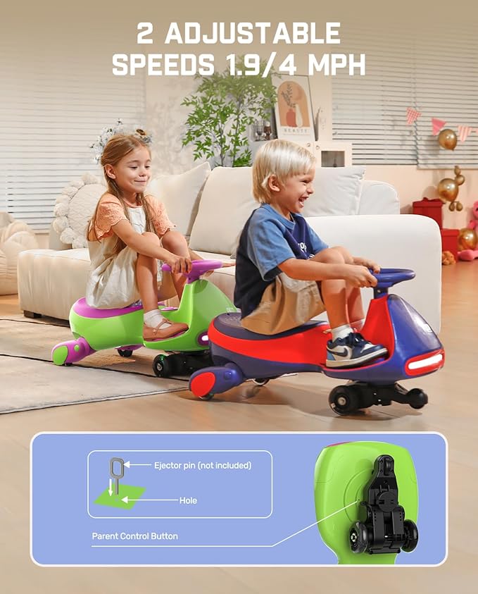 FanttikRide N7 Pro Electric Wiggle Car, Rechargeable Battery, CyberWiggle, 2 in 1 Swing Car, 2 Speeds Max 4 Mph, Anti-Rollover, Flashing Wheels, Bluetooth, for Ages 3 and Up, 150 Lbs, Grape Green