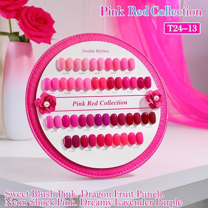 Double Rhythm 28Pcs 0.5Oz Gel Nail Polish Set Same Color Same Bottle Soak Off Gel Polish Kit Nail Art Manicure Salon DIY at Home for Women (Bright Pitaya Pink Purple Red Collection-T24-13)