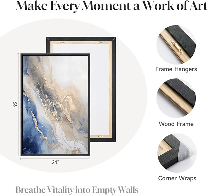 Large Framed Abstract Blue and Gold Wall Art for Living Room, 3 Piece Modern Canvas Artwork for Walls, Contemporary Pictures Prints Paintings for Bedroom Hallway Wall Decor, 24x36 Inch