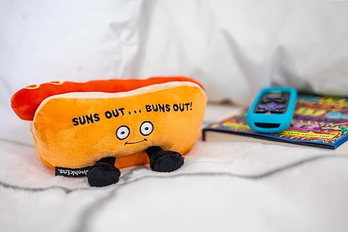 Hot Dog Plushie - Suns Out, Buns Out Cute Hot Dog Plush, Sassy & Funny Food Plush Toy for Gifting