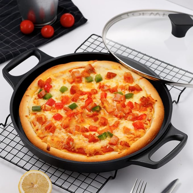 S·KITCHN Cast Aluminum Griddle Pan for Stovetop with Lid - Lighter than Cast Iron Skillet,Round Frying Pans Nonstick Grill Pan Dishwasher & Oven Safe,12IN