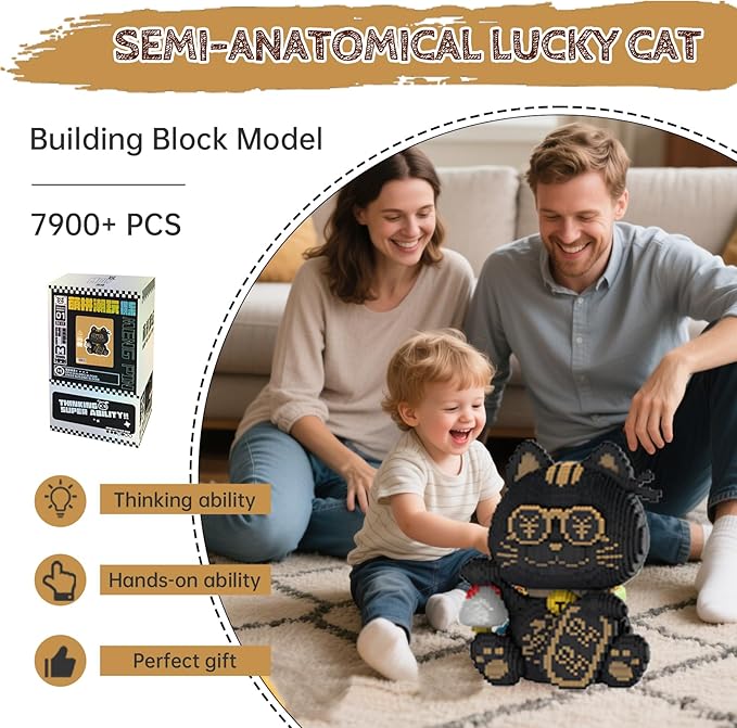 Black Lucky Cat Building Blocks Set Mirco Animal Model kit Gift for Adult and Kids 7900 Pieces