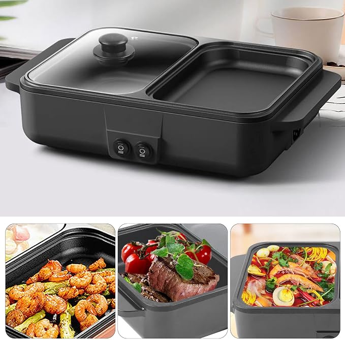 Hot Pot with Grill,2 in 1 Indoor Non-Stick Electric Hot Pot and Frying Pan,Independent Temperature Control,Portable Multifunctional Smokeless Korean BBQ Grill for 1-2 People (Black)