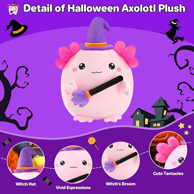 Halloween Axolotl Stuffed Animals, Axolotl Witch with Broom Stuffed Plush Halloween Party Gifts for Kids, Girls and Boys（Pink）