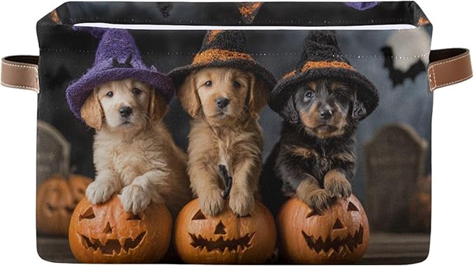 Aslsiy Storage Basket Puppies Witch Hat Pumpkin Halloween Nursery Bins Baby Box Canvas Clothes Shelf Basket Laundry Hampers 1 Pcs