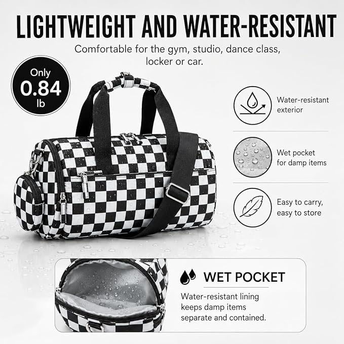 BTOOP Mini Gym Bag for Women, 12-Inch Small Duffle Bag with Wet Pocket and Coin Purse, Lightweight Water-Resistant Workout Bag for Yoga, Pilates, Dance and Travel (Balck-white checkered)