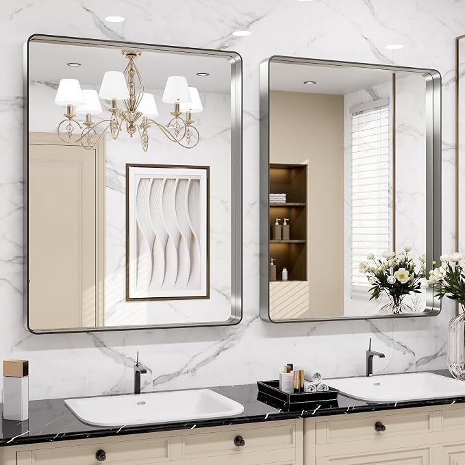 LOAAO 32X36 Inch Brushed Nickel Bathroom Mirror | Rounded Rectangle, Silver Metal Frame, Anti-Rust, Hangs Horizontally or Vertically, Tempered Glass