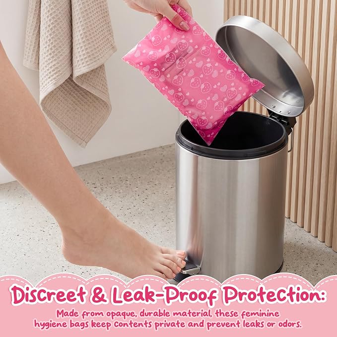 Eccliy 150 Pcs Sanitary Napkin Disposal Bags, 9.8''x5.9'' Thick Pink Strawberry Feminine Hygiene Waste Bags, Disposable Tampon Trash Bag for Women Privacy, Diaper Sack, Personal Care for Home Travel