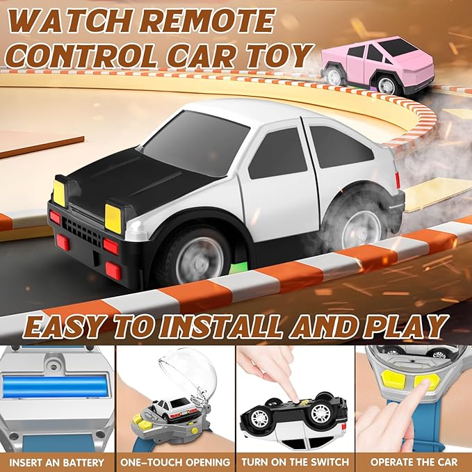Ruxrcni Watch Remote Control Car Toy, 2.4 GHz Mini RC Cars Watch Toy with LED Lights USB Charging Wrist Controlled Small Racing Car Interactive Game Toys for Kids Boy Girl Birthday Christmas