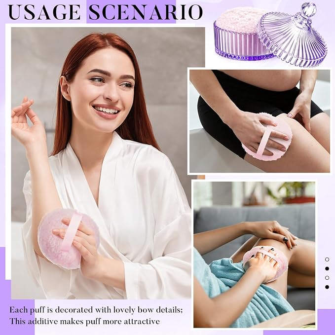 Tioncy 2 Pcs Extra Large Dusting Powder Puff and Container for Women-6'' Glass Crystal Dusting Powder Container with Body Soft Washable Reusable Velour Face(Purple,Classic)