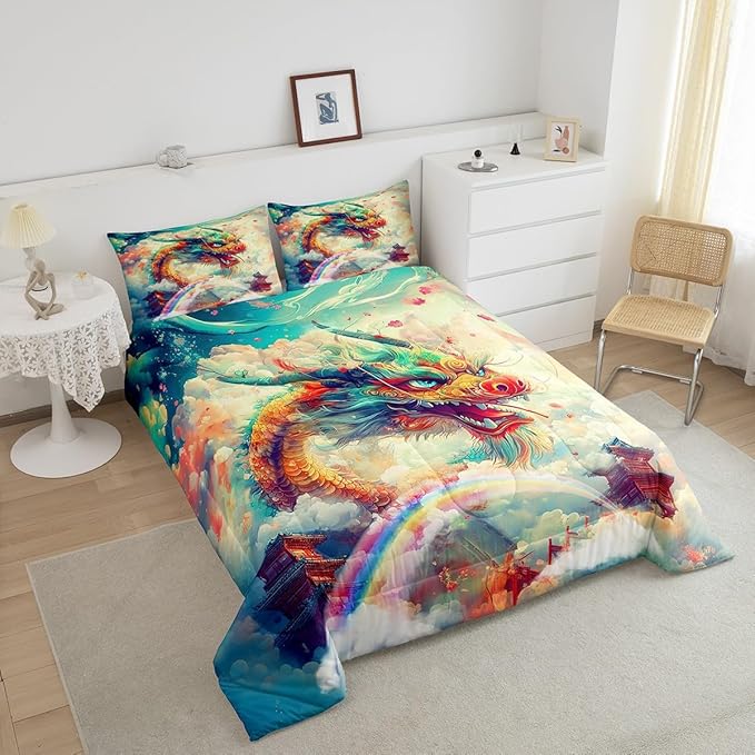 Feelyou Dragon Comforter Set Queen Size Dragon Stuff Comforter for Boys Girls Teens Wild Life Bedding Set Dragon Decor Duvet Set Room Decor Rainbow Quilt Set