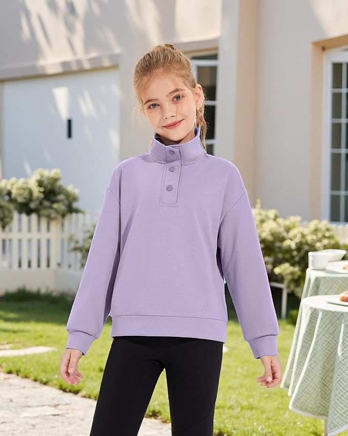 Girls Long Sleeve Collared Shirt Button Down Mock Neck Sweatshirt Athletic Cycling Clothing for Kids 5-14Years