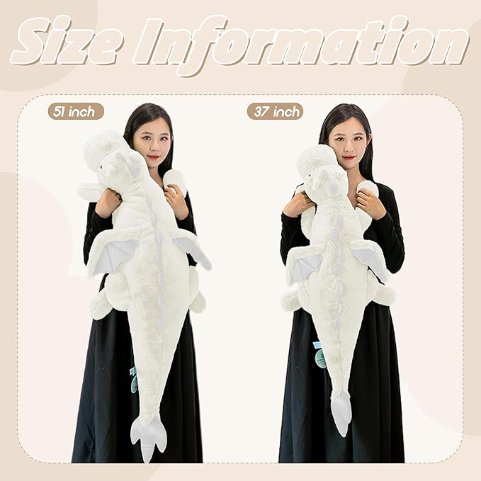 ARELUX Large 37in Cute Dragon Stuffed Animals Plush Toy Soft White Pterosaur Plushie Giant Fuzzy Dinosaur Pillow Plushies with Wings Cuddly for Friends Family Member
