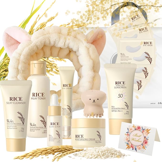 15PC Luxury Rice Korean Skin Care Set Gift Kit for Women, Glass Skin | Luxury rice skincare gift set with cleanser, toner, serum, sunscreen, eye masks, brush, headband, bag & card for glass glow