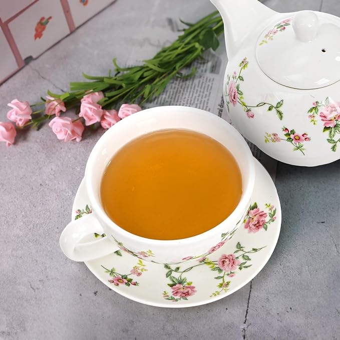 Coloch Tea for One Set, Porcelain Teapot Cup and Saucer Set with Tassel Vintage Floral Ceramic Tea Set for One for Women, Home, Office, Afternoon Tea, Rattan Flower Design