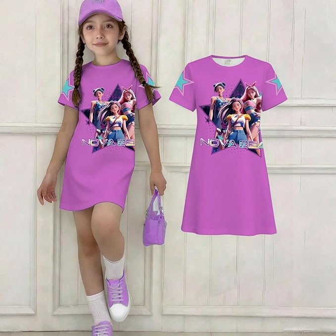 Girl's Anime K-POP Graphic Long Dress T-Shirt - Casual Loose Fit Short Sleeve Top