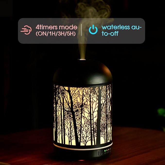 250ML Essential Oil Aromatherapy Diffuser for Home Bedroom Office Metal Hollow Decorative Room Ultrasonic Air Scent Mist Aroma Diffuser -Black