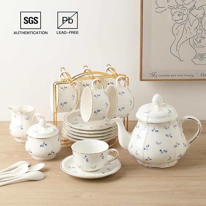Sweejar 23 Pcs Floral Tea Sets with Metal Holder, Relief Gold Rim Porcelain Tea Sets for Adults, Cup and Saucer Set for 6, with Teapot, Sugar Bowl, Milk Jug, Spoons (Blue Flower)