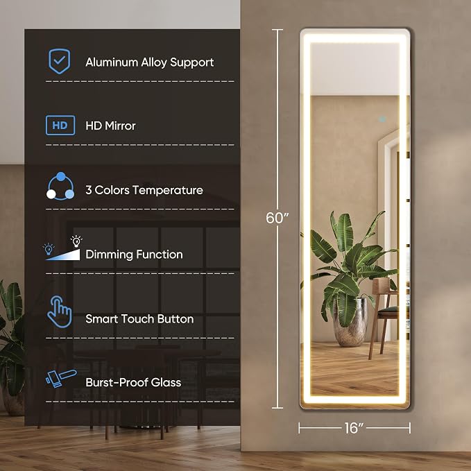 OLIXIS LED Full Length Mirror with Lights, Full Body 16"x60" | Standing Lighted Floor, 3 Color Lighting, Wall Mounted Bedroom Bathroom Entryway, Tempered Glass