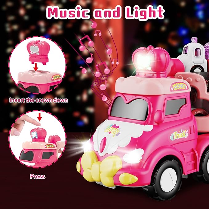 9 in 1 Carrier Truck Cars Toys - Pink Princess Girl Car with Light and Sound - Toddler Toys Age 1-4