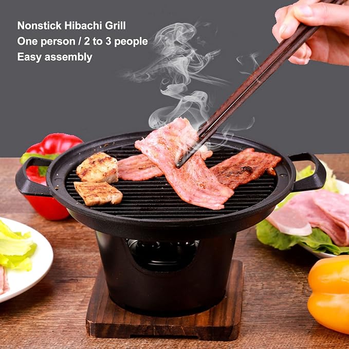 Portable Wooden Charcoal Grill,Japanese Hibachi Tabletop BBQ for Indoor/Outdoor Use, Camping, Patio, Backyard & Picnic | Durable Cast Iron & Aluminum Alloy Construction
